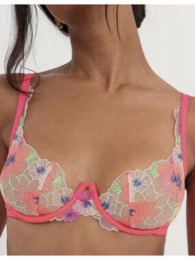 NEW For Love & Lemons Zinnia Embroidered Underwire Lace Bra Pink Size 38C [jb]